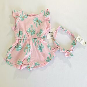 NWT Grayson Mini Baby Girl Romper Headband Newborn NB Pink Tropical Ruffle Boho